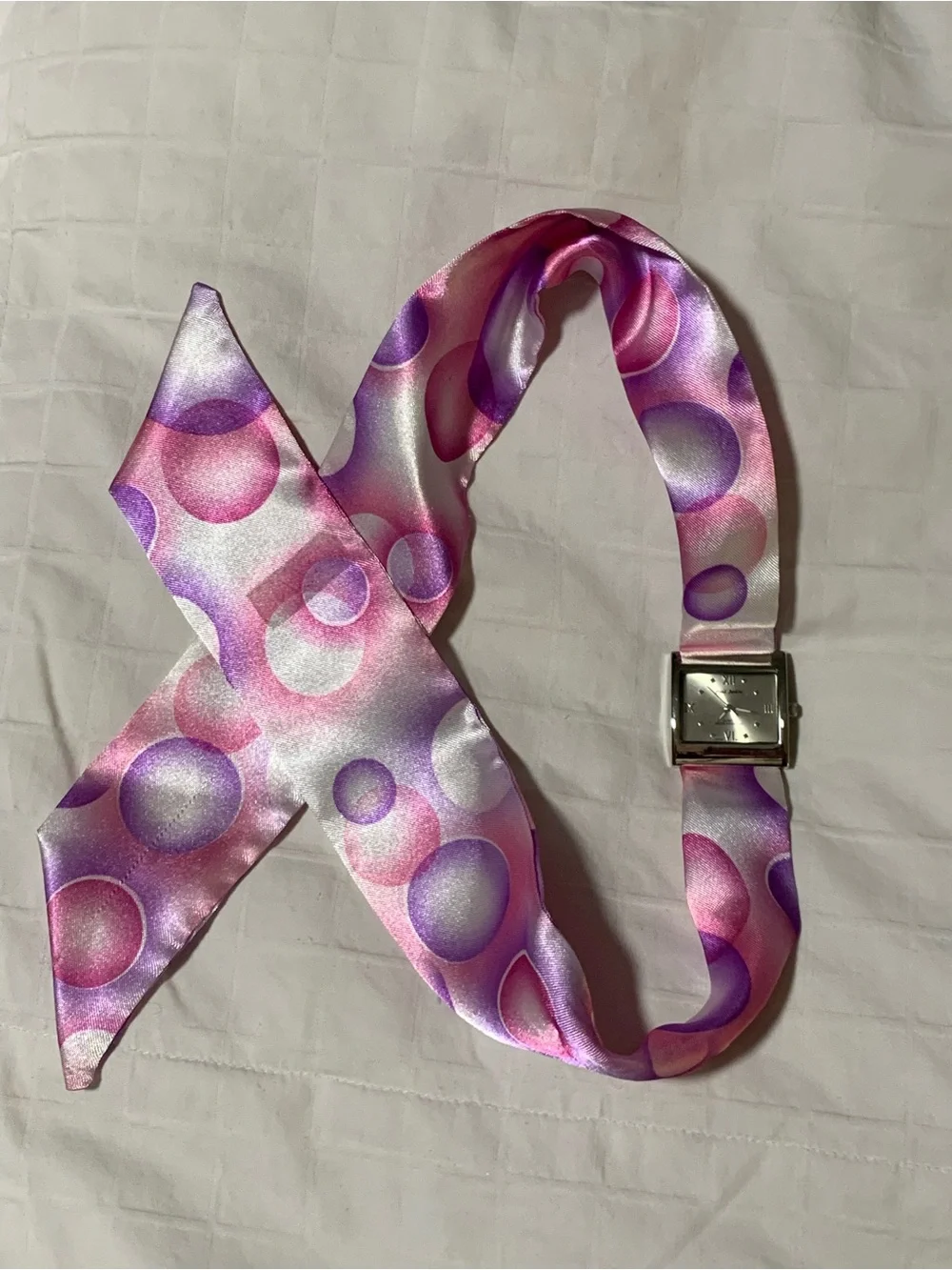 Paul Jardin Silver-Tone Square Watch with Pink and Purple Satin Ribbon Strap